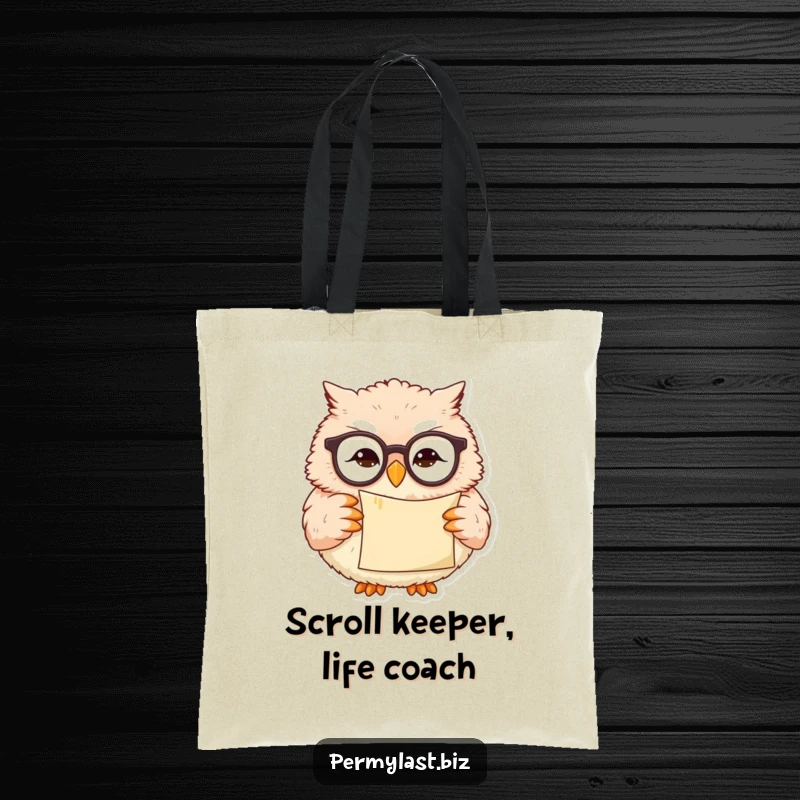 Funny owl tote bag featuring a wise owl in glasses holding a scroll, perfect for carrying books.